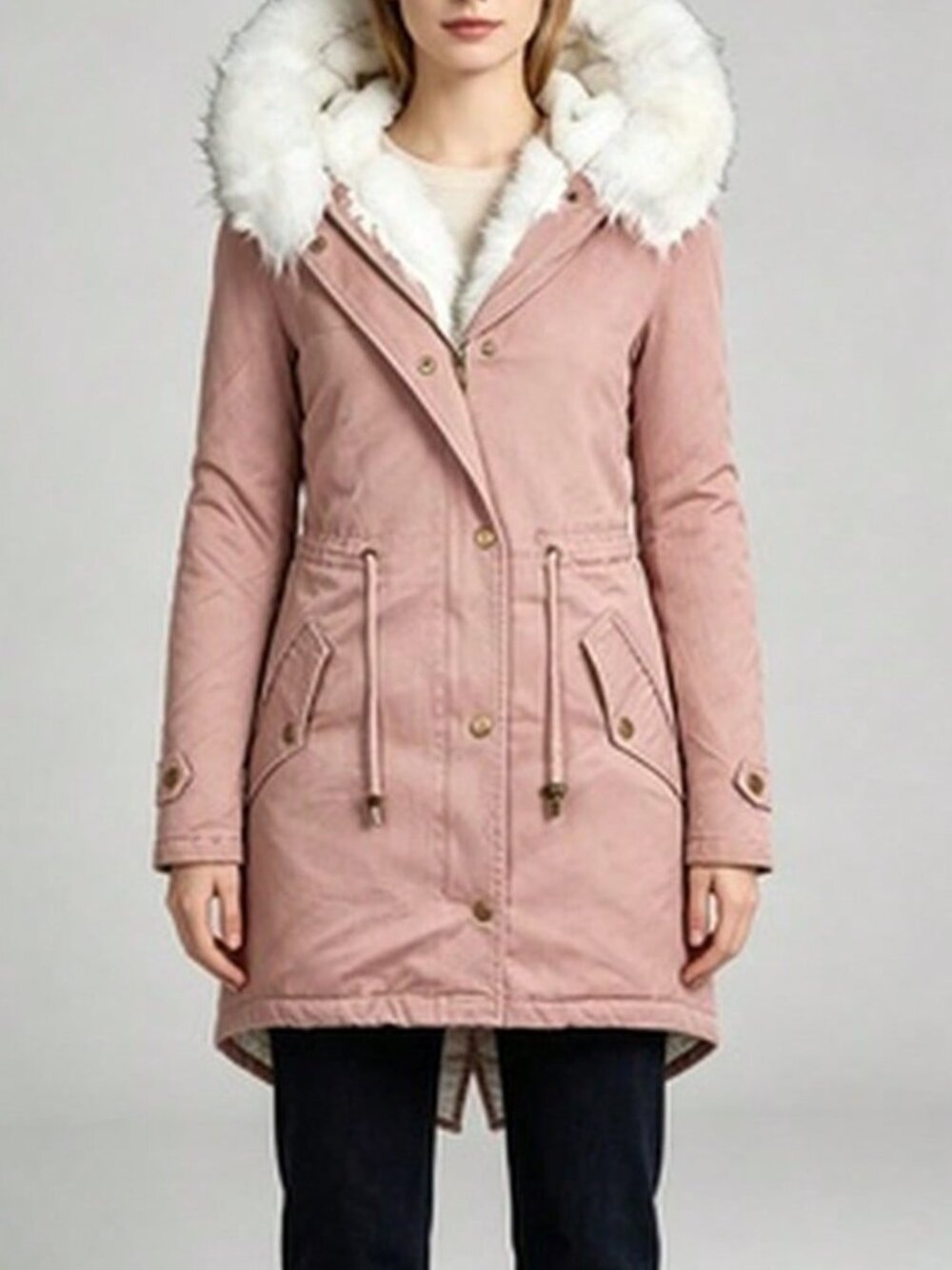 Pink Casual Women's Loose Batwing Flared Zip Hood Parka